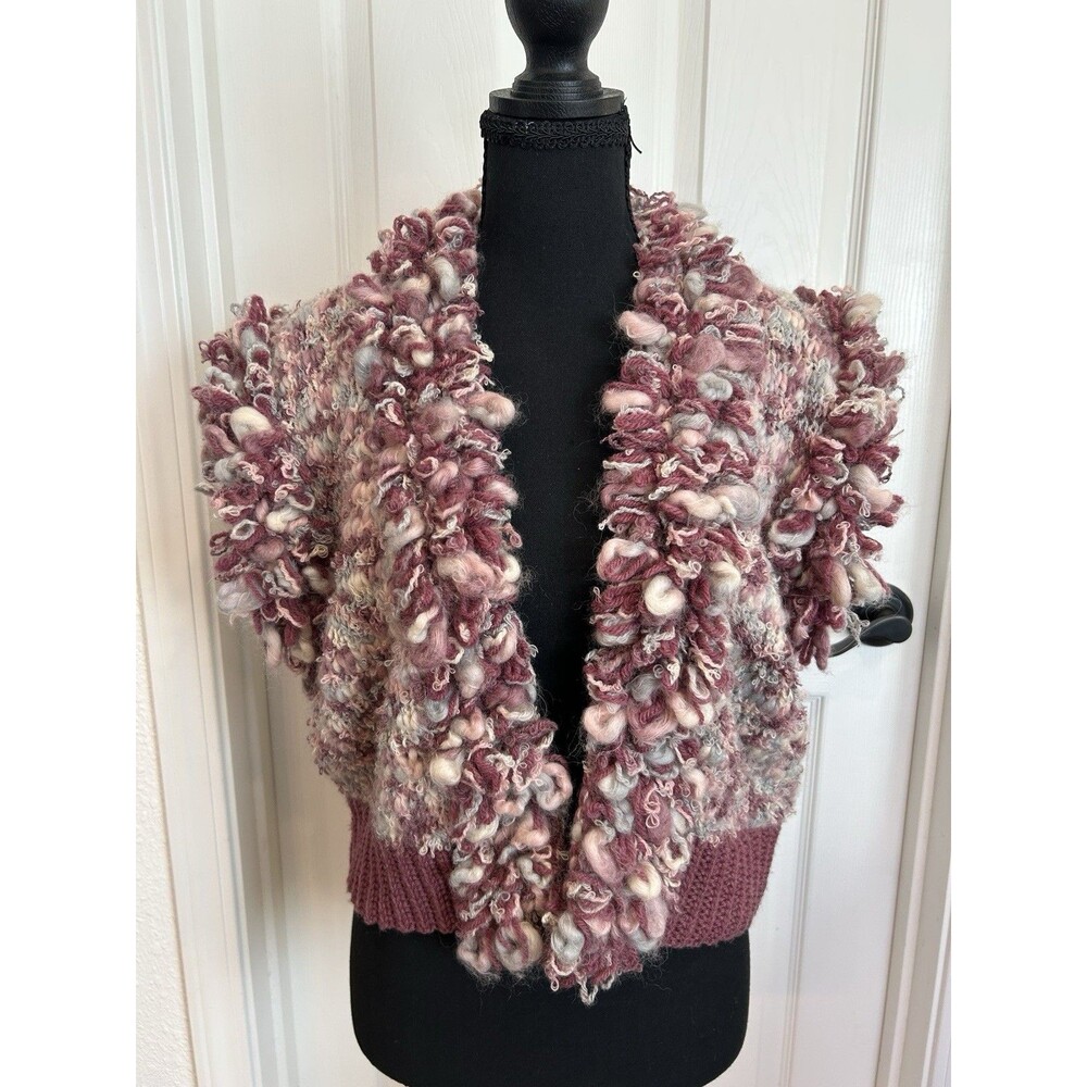 Boutique Hand-Knit Chunky Statement Bolero Vest Shrug Shaggy Mauve Pink